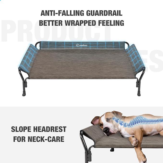Veehoo Cooling Elevated Dog Bed, Raised Dog Cot with Guardrail & Headrest | Washable Dog Couch Bed for Indoor & Outdoor, Durable Breathable Teslin Mesh, Non-Slip Feet, 51" x 34", XLarge, Brown