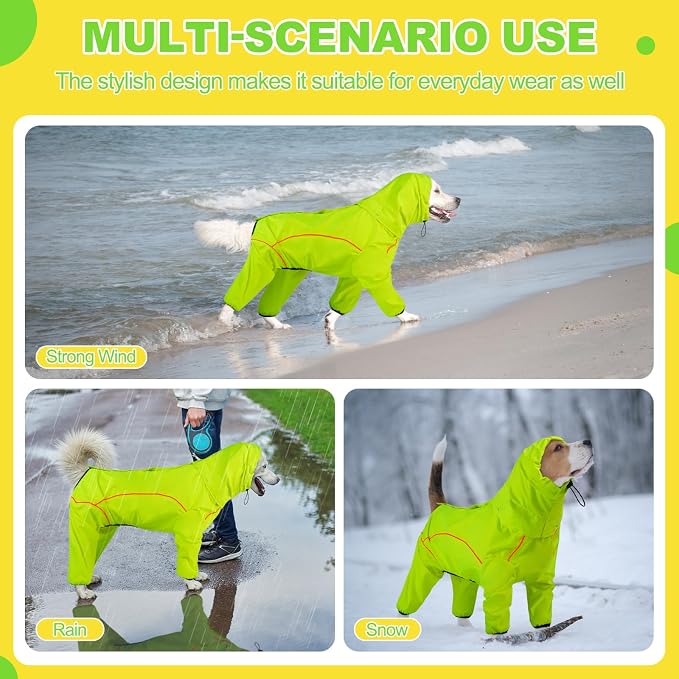 ADINIKIA Dog Raincoat, Waterproof Rain Jacket with Removable Hood,Green S | Leash Hole/ Reflective Stripe/Adjustable 4 Legs Rainsuit/Full Coverage/ Snowproof Windproof/ For Small to 3X-Large Dogs