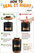 Miamolo Dog Treat Container, Dog Treat Jar for Countertop Airtight Seal Lid | Ceramic, 8 Cups, Wooden Lid, Cast-iron Handle | Dog Food Storage Container, Decorative Dog Cookie Canister, Bone Dotted Black