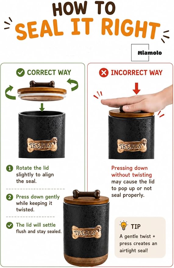 Miamolo Dog Treat Container, Dog Treat Jar for Countertop Airtight Seal Lid | Ceramic, 8 Cups, Wooden Lid, Cast-iron Handle | Dog Food Storage Container, Decorative Dog Cookie Canister, Bone Dotted Black