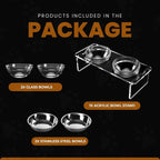 Elevated Dog Bowls for Medium Dogs – 5.5” Acrylic Raised Pet Feeder Stand with 2 Stainless Steel & 2 Glass Removable Bowls – Food & Water Dish Set