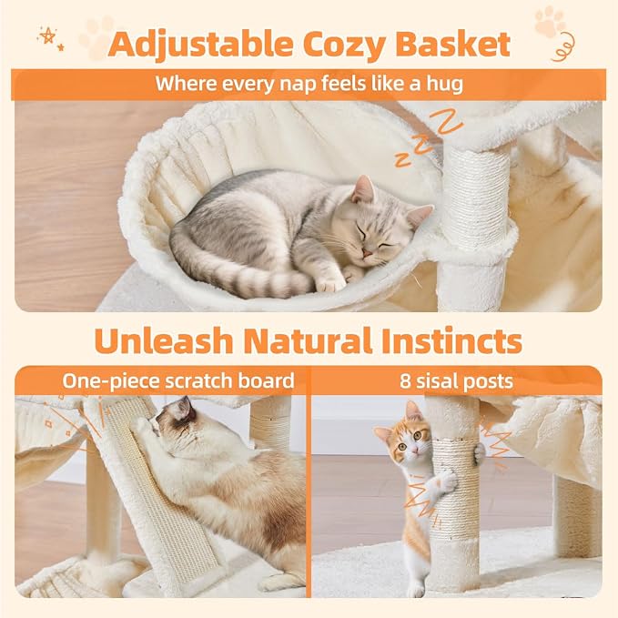 Taoqimiao Sturdy Cat Tree, 58In Cat Tower for Indoor Cats Large Adult | Spacious Cat Condo, 2 Cute Perches, Metal Frame Cozy Hammock, 1 Scratch Board, 8 Natural Sisal Posts, Basket, Beige, MS026M