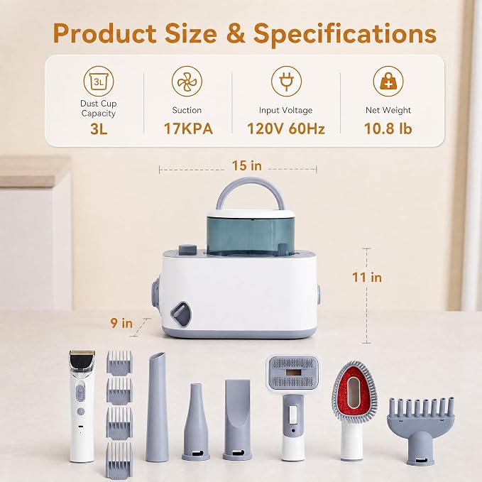 Dog Vacuum & Dryer for Dogs, 9 in 1 Dog Grooming Kit with Metal Blade Pet Clippers, Adjustable Speed and 3 Heat Settings Blower