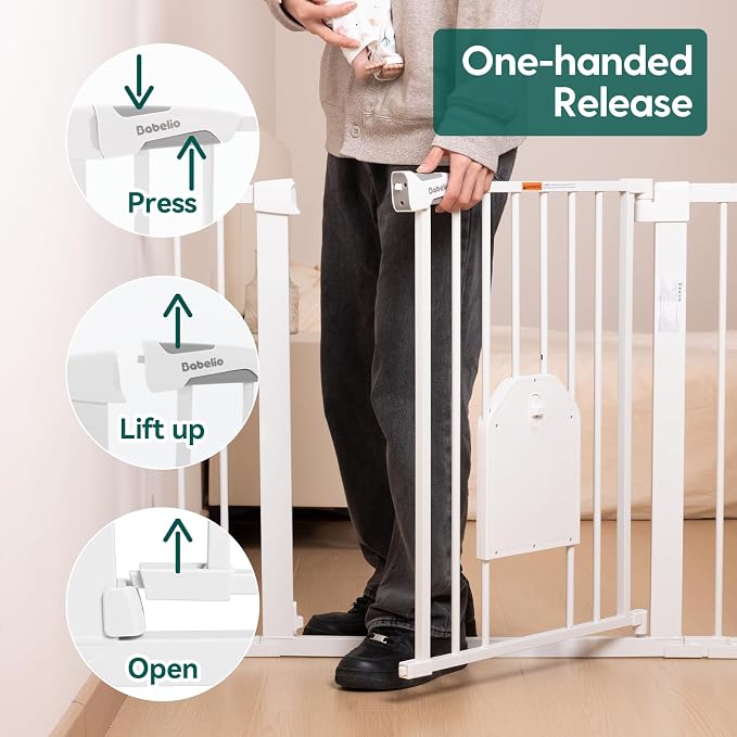 Babelio 36" Tall Baby Gate with Adjustable Cat Door, CatPrivilege I, 29-43" | Auto Close, Safety Gate for Stairs, Easy Walk Thru with Pet Door, Includes 4 Wall Cups and 3 Extension Pieces, White