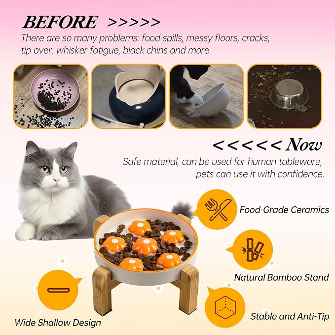 Elevated Ceramic Slow Feeder Cat Bowl with Anti-Slip Bamboo Stand | 6.3" Wide Whisker Friendly, Slow Eating 3x, Dry & Wet Food, Cute Flower-Shaped Maze, Microwave & Dishwasher Safe, Orange