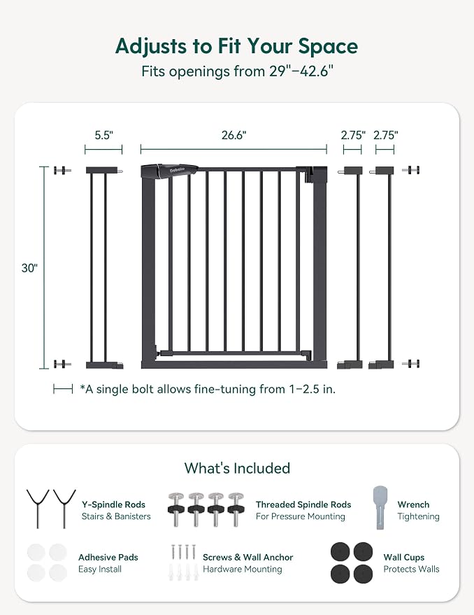 Babelio Baby Gate, 29-43" Auto-Close Easy Install Pet Gate, PressGuard P7 Extra Wide Walk Thru Child Safety Gate, 30" Tall Pressure-Mounted Metal Dog Gate for Doorways & Stairs, Black