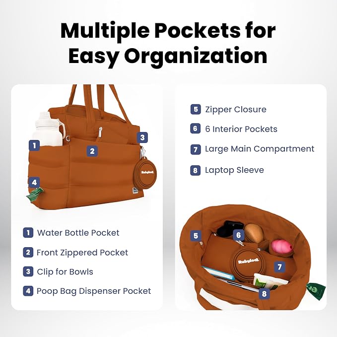 Rubyloo Puffer Dog Travel Bag for Dog Moms, Diaper Bag with Travel Bowls | 2 BPA-Free Collapsible Bowls, 2 Pet Food Containers, 9 Pockets, Everyday Puffer Bag Works With or Without Your Dog, Rust