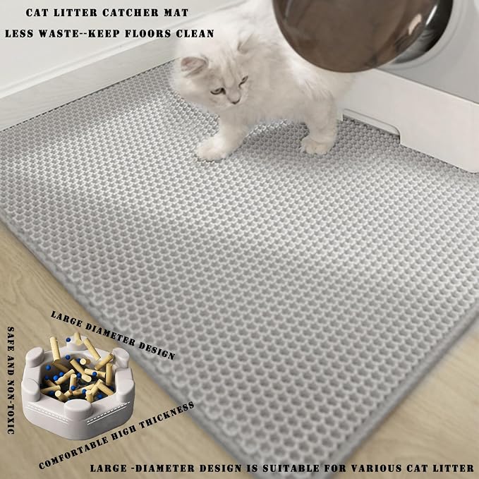 HCY&WLD Cat Litter Mat, Double Layer Cat Litter Box Mat (24x18 Inch, Gray) | Waterproof Urine-Proof Non-Slip Litter Trapping Mat, Soft on Kitty Paws, Scratch-Resistant, Scatter Control, Easy to Clean