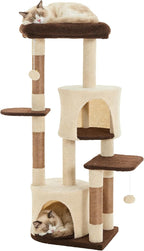 45.3-Inch Cat Tree Tower for Indoor Cats, Brown | Two cozy cat condos; three soft platforms; full sisal scratching wrap; removable dangling toy; reinforced anti-tip base