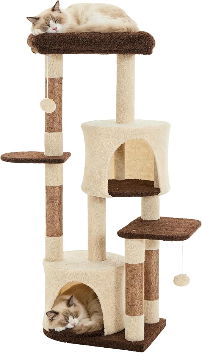 45.3-Inch Cat Tree Tower for Indoor Cats, Brown | Two cozy cat condos; three soft platforms; full sisal scratching wrap; removable dangling toy; reinforced anti-tip base