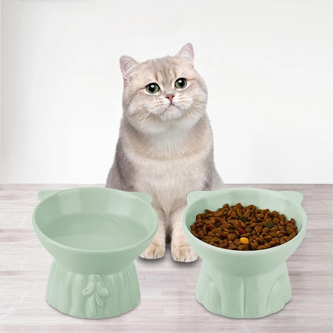 Elevated Cat Bowls 2-Pack, Ceramic Raised Cat Food & Water Dishes - Extra Wide & Shallow Whisker-Friendly Design, Anti-Vomit & Easy Digestion, Lead/Cadmium-Free, Microwave & Dishwasher Safe (Green)