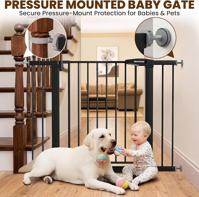 Mumeasy 29.7-43" Adjustable Baby Gate, Auto Close Dog Gate for Doorways | No drill installation, one hand operation, adjustable width, secure locking system, for dogs pets babies toddlers