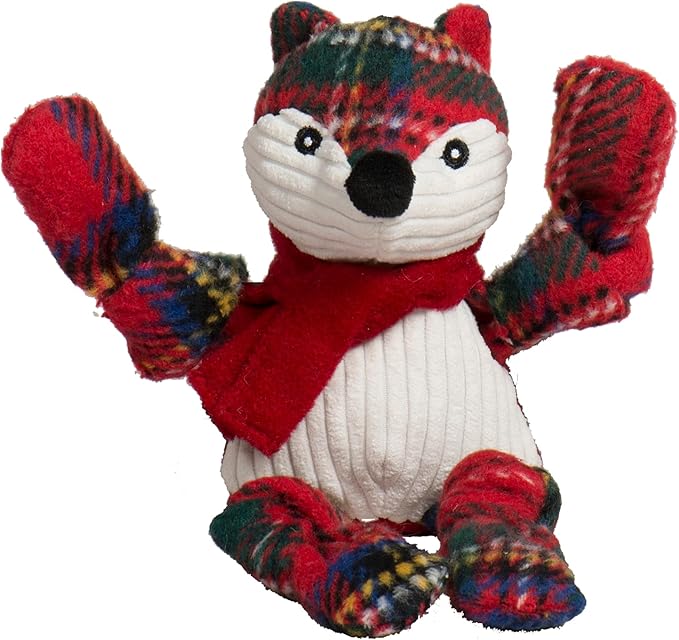 HuggleHounds Knottie Plush Dog Toy - Dog Stuffed Animal Toy for Small, Medium & Large Sized Dogs, Durable Plush to Keep Them Busy - Tartan Tidings Fox, Small
