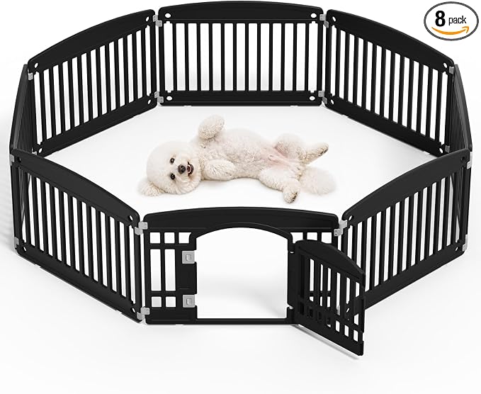 DUMOS Dog Playpen 8 Panels 24" Plastic Exercise Indoor Pen with Door Small Puppy, Medium Dogs Animal Pet Fence for Outdoor, Garden, Yard, RV Camping, Black