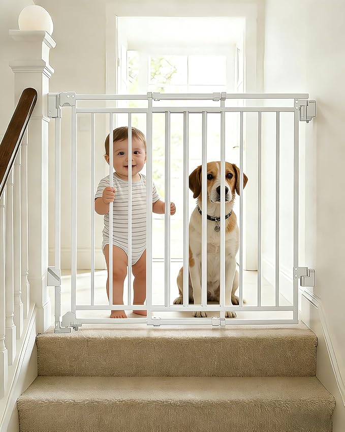 29" Tall Baby & Dog Gate,26-43" W Hardware Mount Gate,White | Auto-Close design,Two-Way Swing, No Bottom Bar,Must Drill to Install