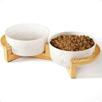 Ceramic Dog Bowl Set of 2, Anti-Skid Bamboo Stand, Elevated, 3.8 Cups Each | Thick Ceramic Food and Water Bowls Set of 2, Dishwasher Safe, Anti-Skid Rubber Base, 3.8 Cups per Bowl, Sturdy Bamboo Stand