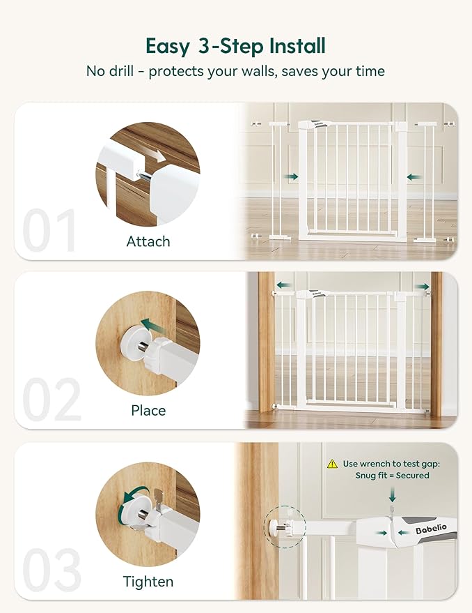 Babelio Baby Gate for Doorways and Stairs, 36“ Tall Pet Gate, PressGuard P7 with Auto Close Design, 29"-43" Wide Easy Install Pressure Mounted, Safety Gate Door for Child and Pet, White