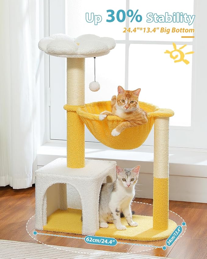 MUTTROS Cute Cat Tree with Flower Top Bed - Cloud Scratching Posts, 35" Small Cat Tower with Large Metal Frame Hammock for Indoor Cats, White Cat Condo for Kittens, Yellow