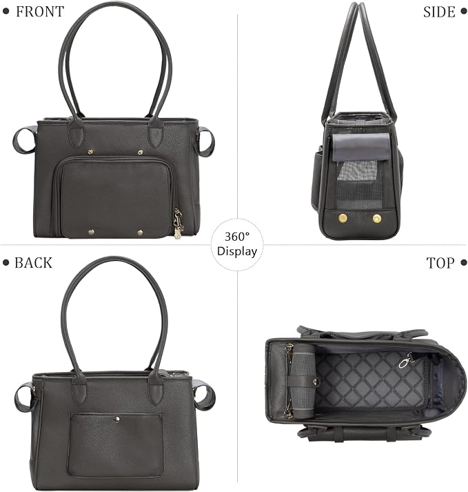 Minsong Fashion Pet Carrier Purse for Small Cat and Dog, Luxury Pu Soft-Sided Tote Bag with Large Pockets for Dogs and Puppies (Black, 13.6" L x 6" W x 10.0" H)