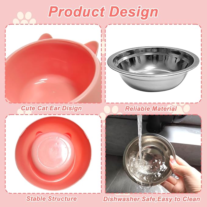7 Pcs Raised Cat Food Bowl Stainless Steel Tilted Feeding for Little Cat Raised 15° Elevated Pet Dish for Kitten Puppy Anti-Slip Detachable Pet Stainless Steel Slope Base Food Bowl with 5 Food Scoop