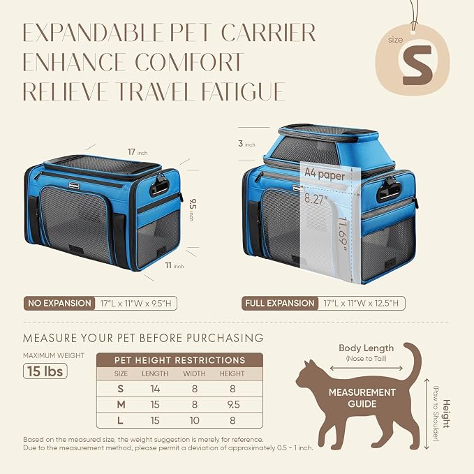 Top-Expandable Pet Carrier with Treat & Pet Window,17x11x9.5 Inch Alaska Hawaiian Airline Approved,Soft-Sided Dog Carrier for Small Dogs and Cats,Travel Cat Carrier with Locking Safety Zippers,Blue