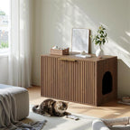Evermagin 31.5" Cat Litter Box Enclosure Furniture | Walnut Hidden Litter Box Cabinet, Modern Indoor Cat House, Fluted Kitty End Table for Living Room, Bedroom, Entryway