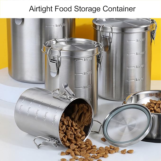 Metal Dog Food Storage Container, Stainless Steel Airtight Pet Food Canister with Lid, Cat Dog Food Holder Bin Cookie Jar Treats Container for Home Kitchen Farmhouse (2500ML)