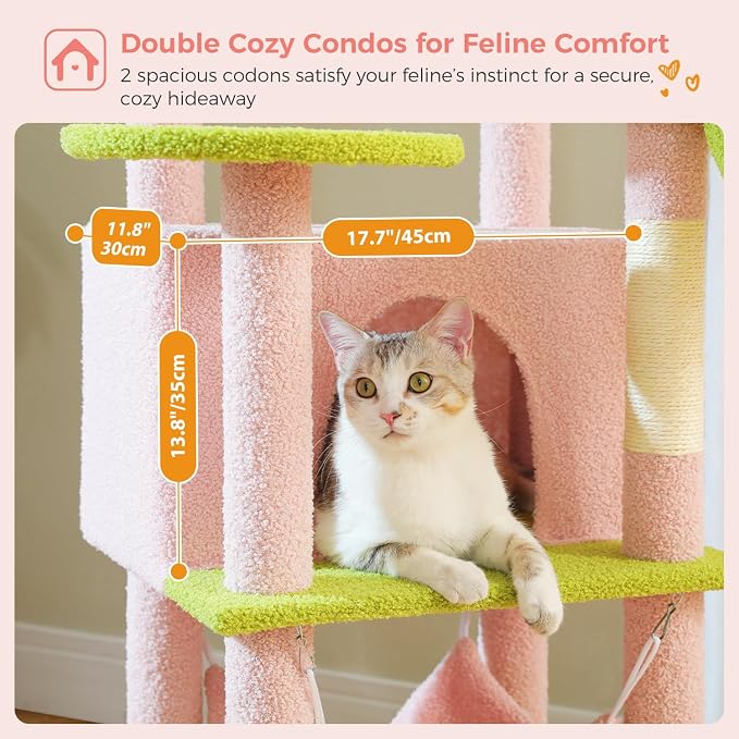 PAWZ Road Pink 70” Cat Tree with Hammock, Large Bed 2 Condos & 5 Posts | Tall Cat Tower with 2 Hammock 14”,2 Spacious Condos, 5 Scratching Posts, & a Large Top Perch for Indoor Adult Cats- Pink