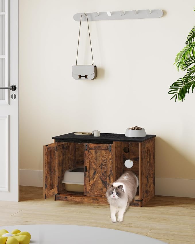 Hzuaneri Cat Litter Box Enclosure, Hidden Litter Box Cabinet Furniture | Indoor Cat House with Bell, Farmhouse Style, 31.5 x 19.7 x 20.9 Inches, for Hallway, Bedroom, Rustic Brown and Black CB82401X