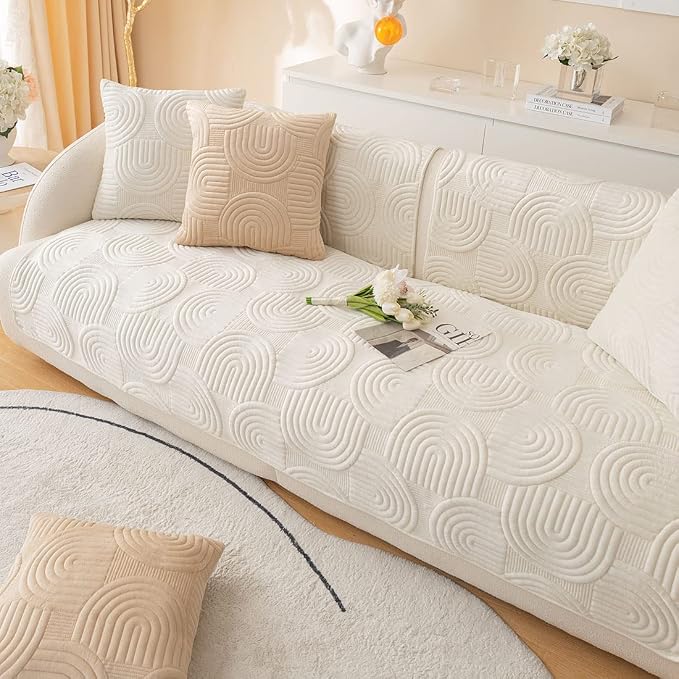 Soft Plush Geometric Quilted Couch Sofa Cover Boho Non Slip Fuzzy Sectional Couch Cover Solid Color Washable Sofa Slipcover Furniture Protector for Kids Dogs Cats (Ivory,43"x70")