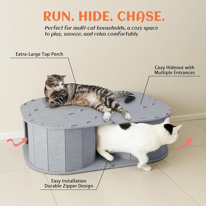 PETKARAY Large Felt Cat Tunnel, Double S-Shaped Hideaway for Indoor Cats, Interactive Cat Bed Cave and Hideout, 34x22.8x10.2 inches Grey