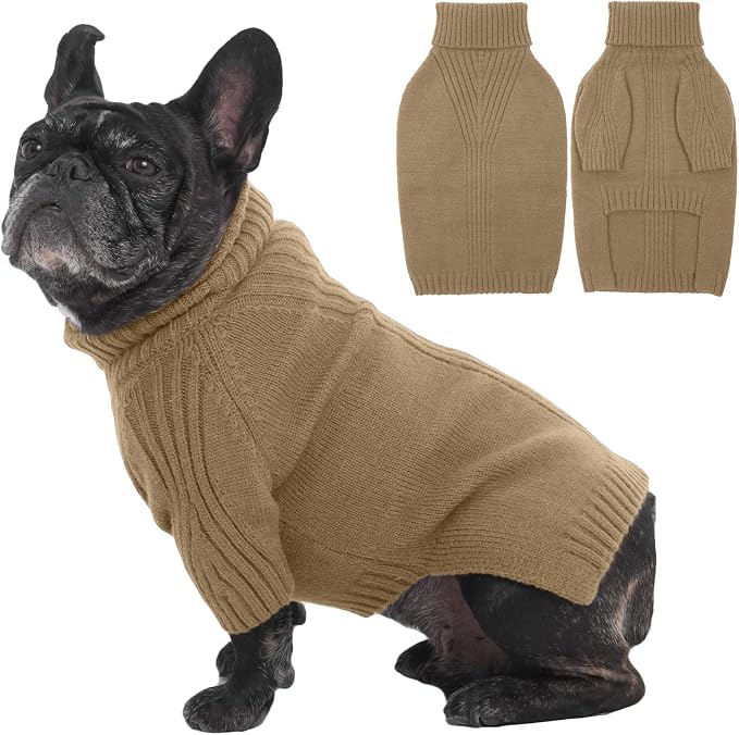 IECOii Dog Sweaters for Medium Dogs Girl Boy,Holiday Knit Doggy Sweatshirt with Sleeve,Turtleneck Thick Warm Dog Sweaters for Winter,Pullover Knitwear for French Bulldog,Boston Terrier (Camel, L)