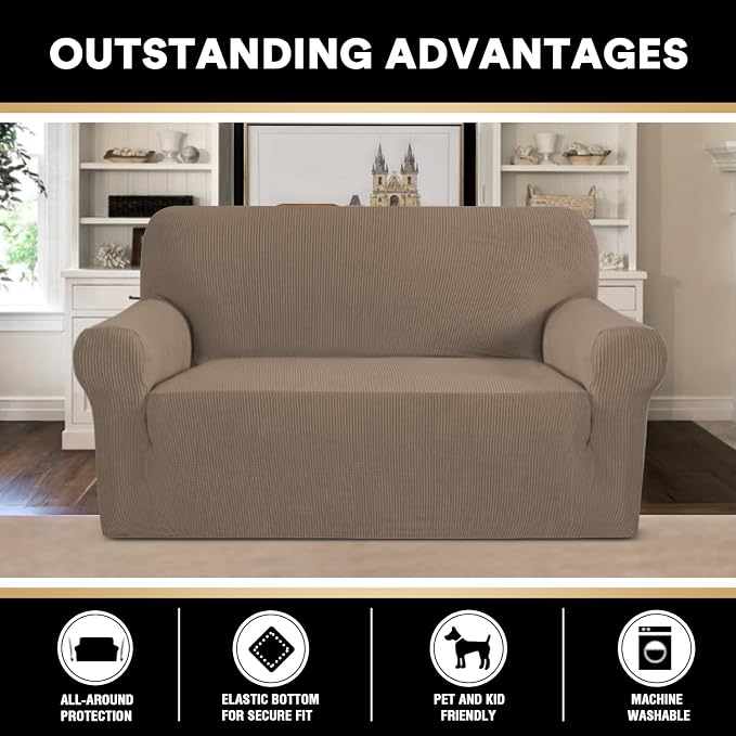 Stretch Sofa Slipcover 1 Piece Sofa Cover for 2 Cushion Couch Furniture Protector/Cover Couch with Elastic Bottom Soft and Durable Sofa Cover Pet Protector (Loveseat,Macchiato)