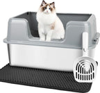 Vivifying XL Stainless Steel Cat Litter Box, High Side Metal Litter Pan with Scoop and Mat for Big Cats, Kittens, Rabbits and Hamsters, Easy Cleaning Design (Gray)