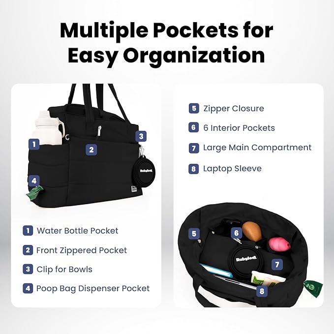 Rubyloo Puffer Dog Travel Bag for Dog Moms, Diaper Bag with Travel Bowls | 2 BPA-Free Collapsible Bowls, 2 Pet Food Containers, 9 Pockets, Everyday Puffer Bag Works With or Without Your Dog, Black