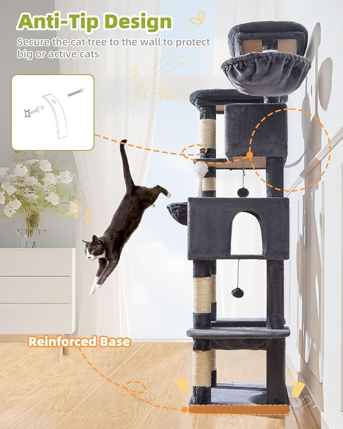 Taoqimiao 76in Cat Tree, Tall Sturdy Cat Tower for Large Indoor Cats MS046G | Easy assembly, Sturdy, Multi Level, Easy Clean, Cozy Condo, Perches, Baskets, Suitable for Kittens and Adult Cats