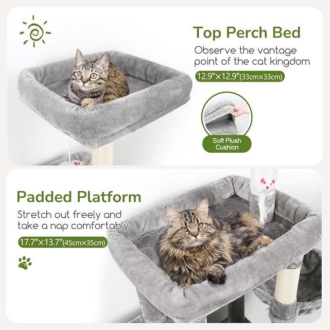 Globlazer 52in Cat Tree Tower for Indoor Cats, 2 Condos, S52, Light Grey | Multi-Level Plush House, 5 Sisal Scratching Posts, 2 Padded Top Perches, Big Metal Basket, Stable Enlarged Base