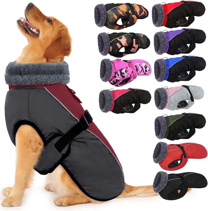 IECOii Dog Coats for Large Dogs Winter Waterproof, XXXL Dog Jacket with Adjustable Buckle,Thick Turtleneck Snow Jacket for Cold Weather, Pet Warm Fleece Vest for Doberman, Great Dane, Burgundy, 3XL