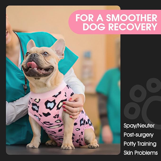 FUAMEY Dog Recovery Suit, Soft Surgical Suit for Dogs Onesie for Surgery | Cone Alternative after Surgery, Abdominal Wound Protector, Anti Lick Suit, Dog Onesie for Surgery Female Male Pink Leopard XS