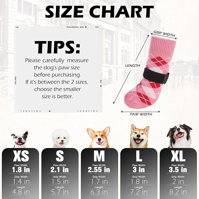 EXPAWLORER Dog Socks to Prevent Licking Paws,Dog Shoes for Hot Pavement,4 Pcs Double Sided Anti Slip Dog Socks with Grippers,Dog Booties for Small Medium Large Senior Dogs,British Style,Pink XL
