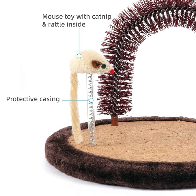 Cat Self Groomer, Heavy Scratching Pad with Mouse Toy | Easy To Clean, Enhanced Brush Holder, For All Cats, Durable Brush, Cat Face Scratchers, Cat Body Massager, Brown