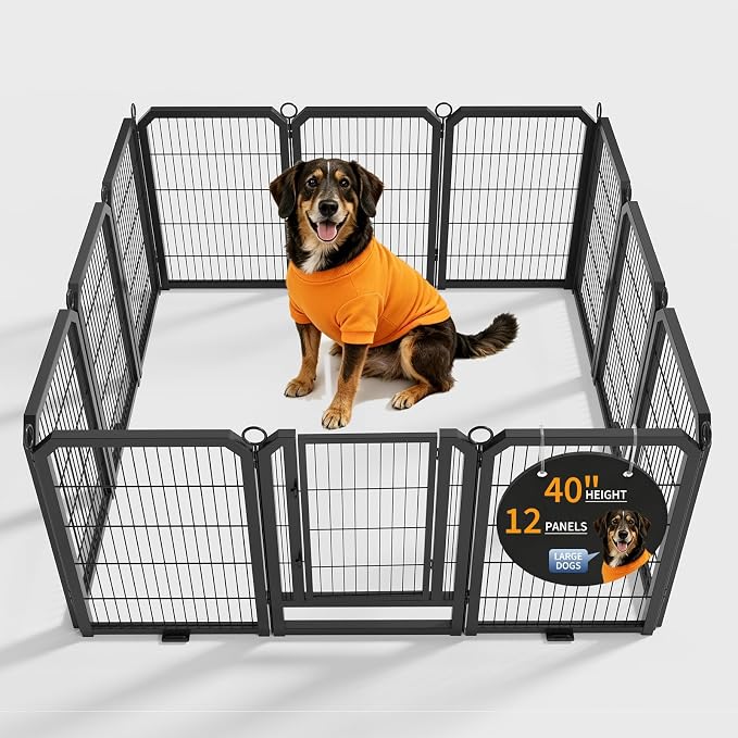 Dog Playpen Indoor 40 Inch 12 Panels Pet Pen with Door & Stakes Portable Exercise Puppy Playpens Metal Dogs Fence Outdoor for Yard RV Camping Training Trips Medium Large Dogs Foldable Expandable