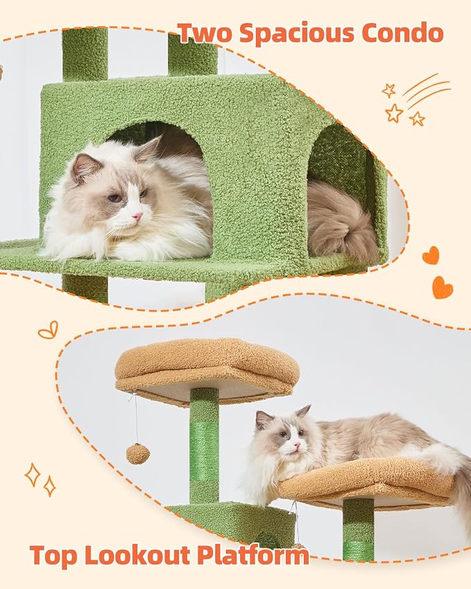 Taoqimiao Cactus Cat Tree, 66.2 in Tall Cat Tower with 2 Plush Cat Condos | 7 Scratching Posts, 2 Top Perches, Cozy Hammock & Basket, Indoor Cats, 2 Pompoms & Mouse Toy, MS013T