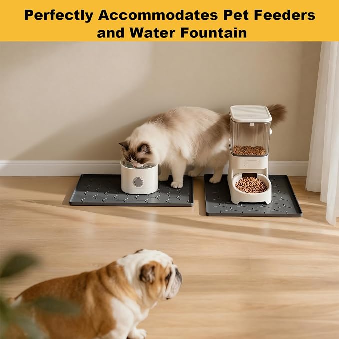 Pieviev Silicone Dog Cat Food Bowl Mat, Waterproof Raised Edge, 16'' x 12'' | Food-Grade Bpa-Free Pet Food Mat, Waterproof & Non-Slip, Raised Edges Contains Spills & Drips, Fits Pet Bowls and Fountains