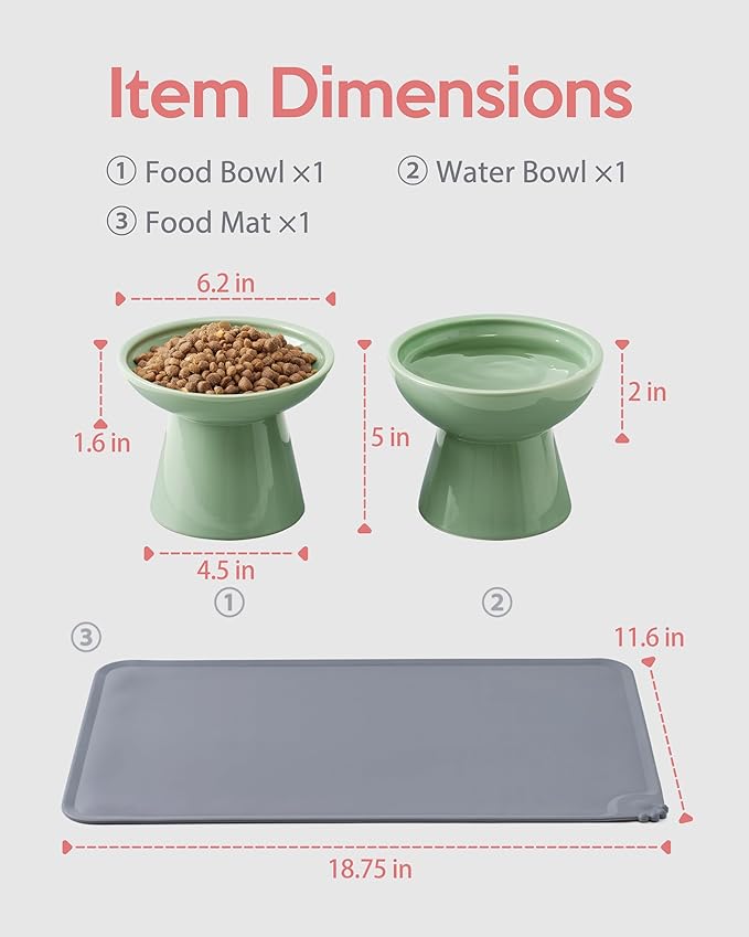 CEEFU 2 Elevated Ceramic Cat Bowls Upgraded with Food Mat for Food & Water | Extra Wide – Whisker Fatigue Shallow Food Dish, Lead & Cadmium-Free, Raised Height for Cats, Sage Green