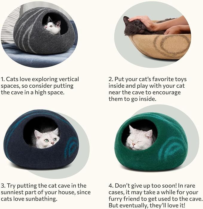 MEOWFIA Cat Cave – Premium Felt Cat Bed Enclosure for Indoor Cats, Handmade Merino Wool (Beige, Large)