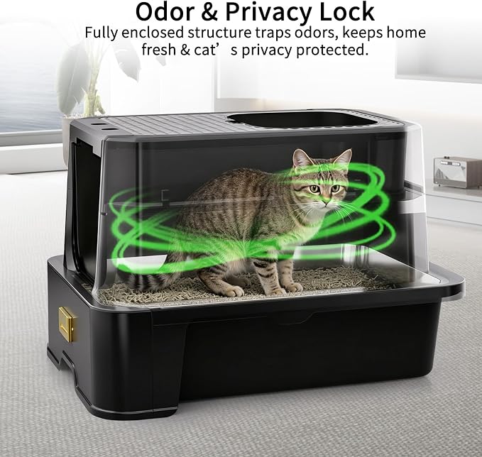 RIZZARI Enclosed Cat Litter Box: Stainless, Top Entry, Easy Clean | Built-In Deodorizer Spray / Extra Large / High Splash Sides / Top-Exit Tracking Control / Slide-Out Drawer / Apartments
