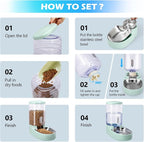 Automatic Cat Feeder and Water Dispenser with Stainless Steel Bowl Gravity Food Feeder and Waterer Set for Small Medium Dog Puppy Kitten 1 Gallon x 2(Green)