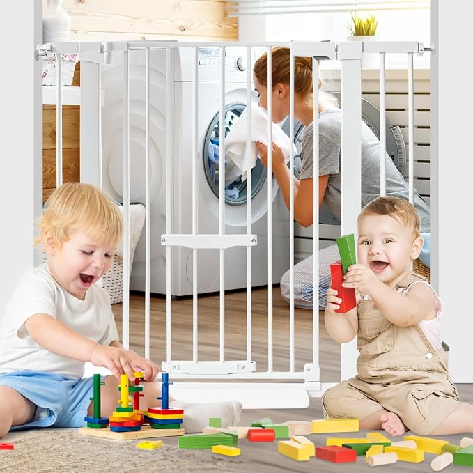 SHYUJAJIE 37 Inch Tall Baby Gate with Small Cat Door | Adjustable 29.55"-40.55 "Wide,Auto Close Dog Gate Easy Walk Thru Pet Gate for Stairs, Doorway, House, Pressure Mounted