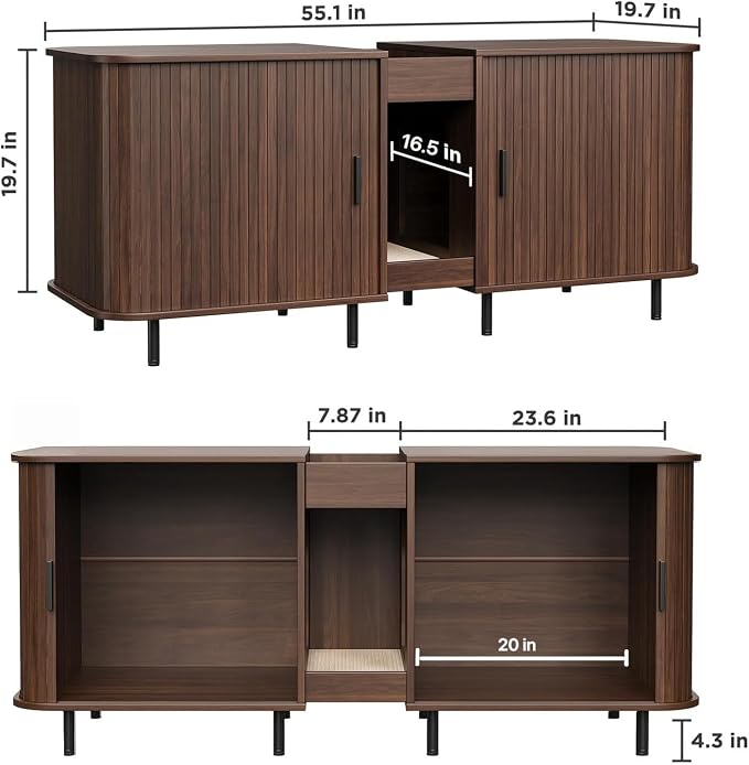 Double Litter Box Enclosure for 2 Cats, 55" Litter Box Furniture Hidden with Cat Scratch Pad, Large Indoor Cat House with Double Room, Wooden Litter Box Cabinet, TV Stand, Walnut
